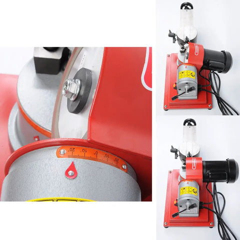 125mm Woodworking Circular Saw Blade Grinder Sharpener with 110V 250W motor, adjustable angle, showing angle detail and motor unit
