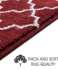 Close-up of red polypropylene stair tread with pattern, highlighting thick and soft quality, No Slip Stair Treads For Indoor Stairs Red 4 Pack Polypropylene Carpet Strips With Double Adhesive Tape Easy To Install Runner Rugs Safe Extra Grip For Kids And Pets.