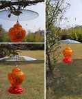 Large 13 Inch Glass Rain Cover For Outdoor Bird Feeder, Two Way Hanging shown in garden setting with orange feeder