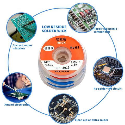 10 Pack Pro Grade No Clean Solder Wick Desoldering Braid With Flux For PCB Repairs, Great For DIYers displayed with uses.