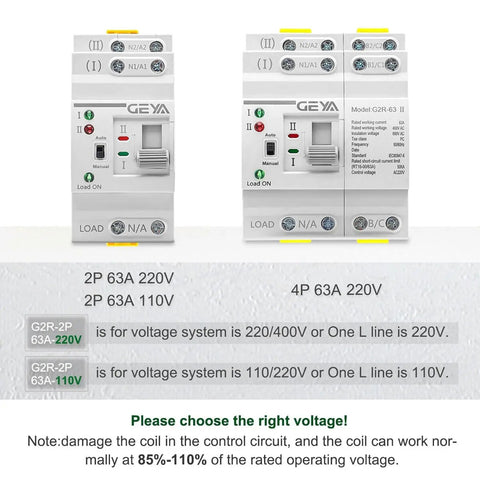 Compact Dual Power Auto And Manual Transfer Switch With Over And Under Voltage Protection For Solar And Grid, 2 Pole 63A 110V