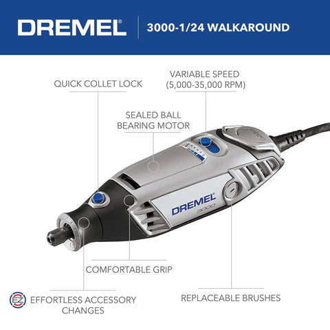 All Purpose Corded Variable Speed Rotary Tool Kit With 6 Speeds, 1 Attachment, 25 Accessories, Case shown in close-up with features.