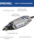 Corded Rotary Tool Kit With 24 Accessories And 1 Attachment Six Variable Speeds For Precise Cutting Sanding Grinding Polishing Drilling Engraving Perfect For Pro Makers And DIYers featured tool highlighting features like quick collect lock, variable speed, sealed motor, ergonomic grip, and accessory changes.