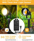 Five Watt LED Low Voltage Landscape Lights with 12V and 24V Transformer for garden lighting, timer and light sensor shown.