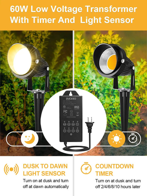 Five Watt LED Low Voltage Landscape Lights with 12V and 24V Transformer for garden lighting, timer and light sensor shown.