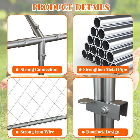 Detailed view of Walk-In Chicken Coop With Run 120x40x40 Inch Outdoor Backyard Poultry Pen heavy duty galvanized steel frame features.