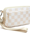 Women's RFID Blocking Crossbody Wristlet Wallet With Four Zippers, Travel Card Holder, Phone Organizer And Coin Purse, Checkered Beige