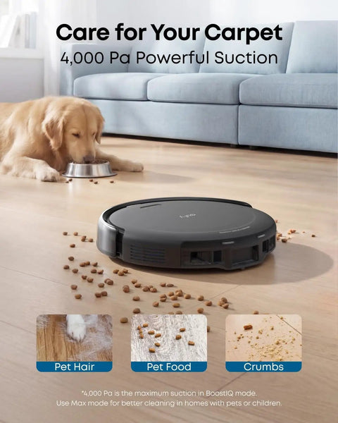 C10 Robot Vacuum With Self Emptying Dock And 4000 Pa Suction LiDAR Smart Mapping in a living room with pet hair on floor