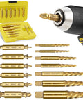 Premium 13 Piece Screw Extractor Set For Damaged Stripped Screws With HSS 6542 Titanium Gold Coated Bits displayed with drill