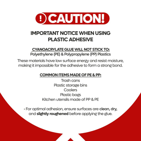 Text cautioning about plastic adhesive not sticking to polyethylene or polypropylene materials, mentioning common items and adhesion tips.