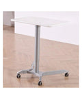 Slick Mobile Overbed Table With Smooth Rolling Wheels Adjustable Height Portable Sofa Desk for bedside dining, silver finish.