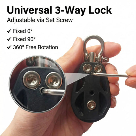 Two Pack 35mm Pulley Block Snatch Block Set Lockable 360 Degree Swivel Beefy Heavy Duty Silent Nylon Wheel With T316 Stainless Steel For Home Gym Cable Machines Hoist Setup And Wire Rigging, lock screw close-up