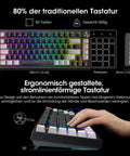 Slick Tri Mode Mechanical Keyboard With Snappy Blue Switches, Wireless Bluetooth And Fast Wired Connection, Clean 82 Key Profile, Hype Rgb Lighting, Beast Mode Battery Power For Serious Typing And Gaming shown from side with hand typing.