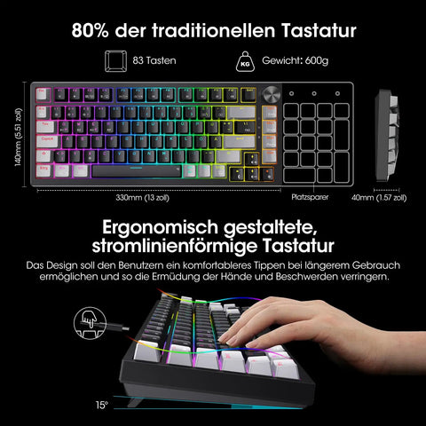 Slick Tri Mode Mechanical Keyboard With Snappy Blue Switches, Wireless Bluetooth And Fast Wired Connection, Clean 82 Key Profile, Hype Rgb Lighting, Beast Mode Battery Power For Serious Typing And Gaming shown from side with hand typing.