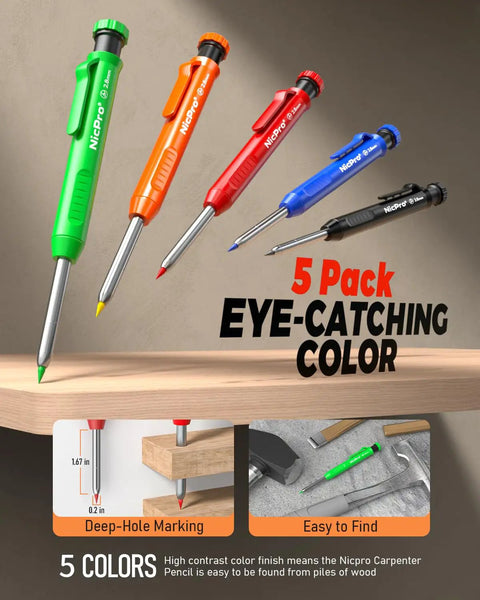 Pro Grade Carpenter Drawing Kit With Straight Up Solid Lead Pencils And Mechanical Refills, Sharpener, Carbide Scribe, Mini Level, Center Punch, Canvas Bag For Crew Leaders And Tradesmen colorful marking pens on wood
