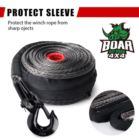 Beefed Up Heavy Duty Synthetic Winch Rope Three Eighths Inch Diameter Ninety Two Feet Long For 25000 Lb Recovery With Hook