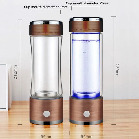 Hydrogen Water Generator Bottle 3 In 1 Portable Ionizer with SPE technology, empty and filled views, USB rechargeable