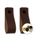 Brown Leather Drawer Pulls Set, 12 Pieces, 6.5 x 1 Inches Each, includes black, gold, and silver screws, industrial style hardware.