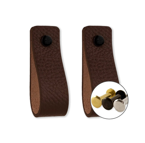 Brown Leather Drawer Pulls Set, 12 Pieces, 6.5 x 1 Inches Each, includes black, gold, and silver screws, industrial style hardware.
