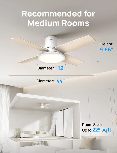 44 Inch Flush Mount Ceiling Fan With Bright Lights, Smart App And Remote Control, Slick Rgbic Mood Lighting in a medium room setting.