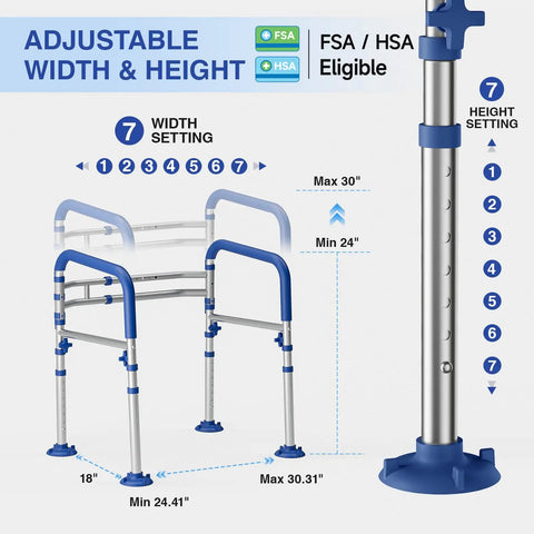 Rock Solid Foldable Toilet Safety Rail For Seniors With Adjustable Height And Width Heavy Duty Aluminum Grab Bar Supports Up To 350 Pounds, showing adjustable settings.