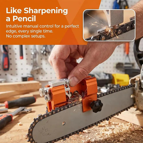 Close-up of portable chainsaw sharpener jig kit with hand crank in use, showing sparks on chain for gas and electric saw sharpening.