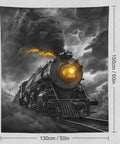 Thunderous Steam Locomotive Tapestry Wall Art Decor 50x60 Inches for bedroom, showing a vintage train with vibrant colors in polyester fabric.