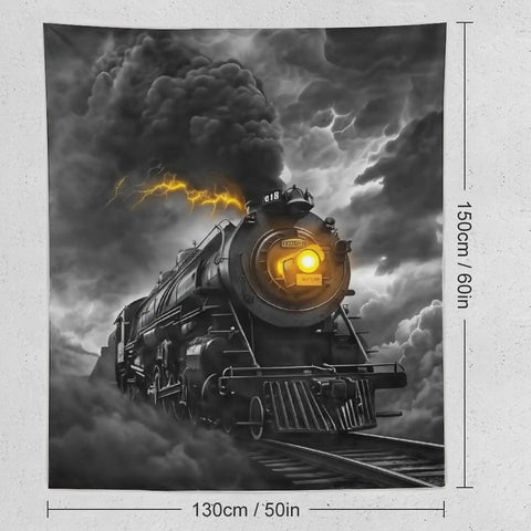 Thunderous Steam Locomotive Tapestry Wall Art Decor 50x60 Inches for bedroom, showing a vintage train with vibrant colors in polyester fabric.