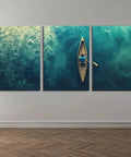 Teal Ocean Canoe Wall Art Canvas Print for Living Room with Modern Aesthetic Seascape and Floral Touch, Unframed 8x12 Inches
