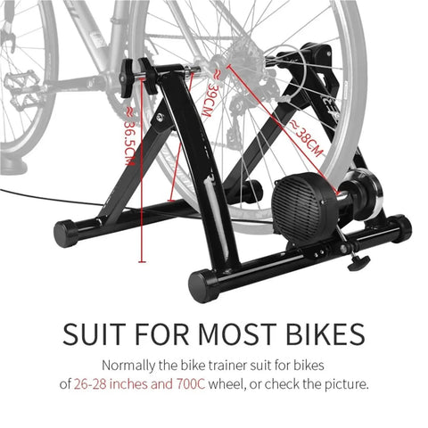 Indoor Bike Trainer With Six Magnetic Resistance Levels For Home Gym Training Setup Fits 26 To 29 Inch Wheel Size Adjustable Wheel Clamp Red Finish Quiet Smooth Ride Ideal For Cardio And Strength Goals At Home shown with measurements