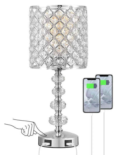 Crystal Bedside Lamp With Touch Control In Silver, featuring 3-Way Dimmable Glam Table Light and two USB Charging Ports