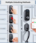 Secure Your Home Base For Good With This Top Shelf 7 In 1 Smart Front Door Lock Set featuring unlocking methods display.