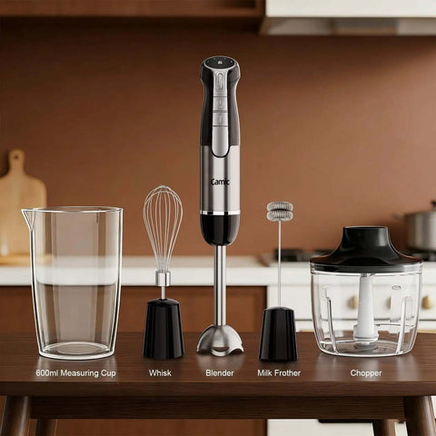 Cordless Hand Blender That Hits Different With Six Speed Settings And Four Versatile Attachments Including Chopper Whisk And Frother For Effortless Meal Prep on kitchen counter.