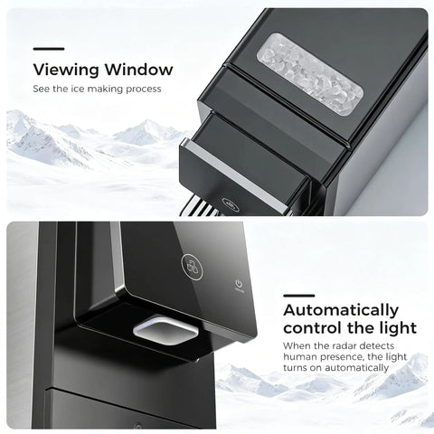 Smooth Operator Countertop Nugget Ice Maker With Snap Pour Auto Dispenser 33 Lbs showing viewing window and light control features.