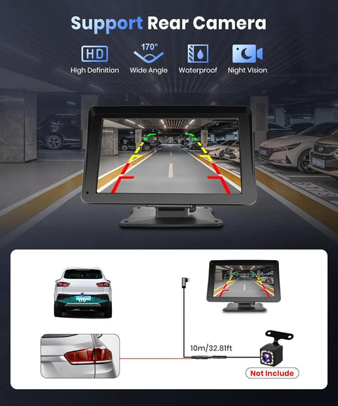 7 Inch Portable Car Stereo With Wireless CarPlay And Android Auto Touch Screen Car Radio Bluetooth Hands Free Mirror Link Maps Navigation Voice Control TF Card Slot AUX For Cars Trucks SUVs displaying rear camera view with HD, wide angle, waterproof, and night vision.