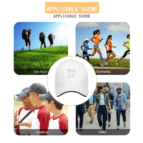 Collage showing scenes of outdoor activities like hiking, running, and campus life with an All Day Adjustable Golf Hat For Men And Women.