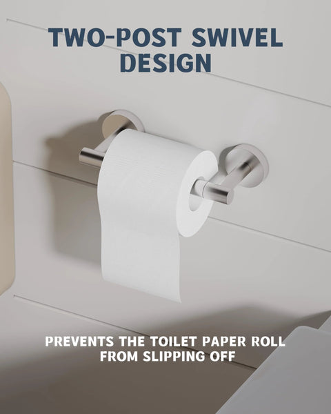 Wall Mount Double Post Pivoting Toilet Paper Holder In Brushed Nickel, SUS304 Stainless Steel installed in bathroom, front view