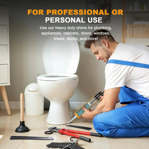 Man using Composite Shims 48 Pack Heavy Duty Leveling Wedges For Home Improvement Never Rot Shims For Indoor Outdoor Use in toilet installation