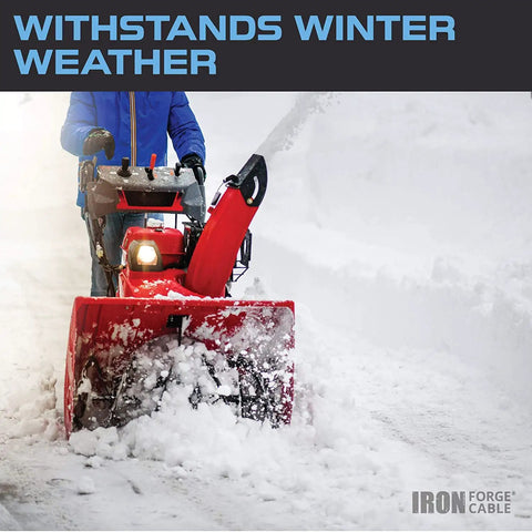 Snowblower clearing path in winter snow with 'WITHSTANDS WINTER WEATHER' text, promoting All Weather Outdoor Extension Cord 25 Ft Heavy Duty Lighted 3 Prong 16/3 SJEOW For Cold And Hot Temperatures Indoor And Outdoor Use Built Tough For Extreme Conditions And Flexible In Freezing To Scorching Heat Rugged Weatherproof Design.