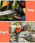 Image showing the use of Three Pack 1/8 Inch Chainsaw File Set For Quick Sharpening Of Chainsaw Teeth, Pro Grade Steel Chainsaw Files Kit For Grinding, Durable Black, Great For DIYers And Pros, Compact Handle For Easy Grip in two steps: sharpening chainsaw teeth and cutting wood.