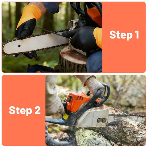 Image showing the use of Three Pack 1/8 Inch Chainsaw File Set For Quick Sharpening Of Chainsaw Teeth, Pro Grade Steel Chainsaw Files Kit For Grinding, Durable Black, Great For DIYers And Pros, Compact Handle For Easy Grip in two steps: sharpening chainsaw teeth and cutting wood.