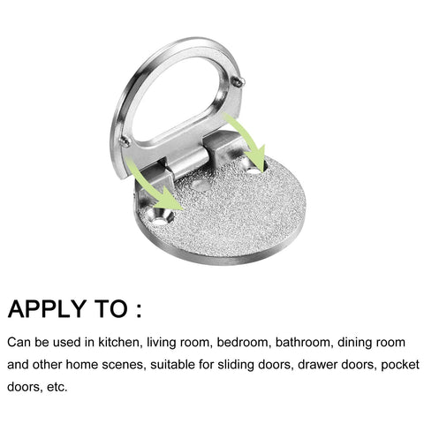 Flush Ring Pull Handles 43.5mm Zinc Alloy Flush Pull Slam Latch with screws, dark silver, shown open, ideal for drawers and sliding doors.