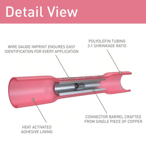 Detail view of red connector from All In One Heat Shrink Wire Connectors Kit With 270 Pc Waterproof Electrical Crimp Terminals.