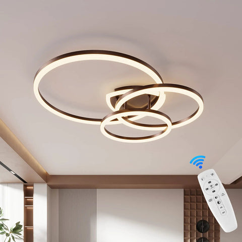 Modern LED Ceiling Light With Remote Dimmable Flush Mount Three Ring Close-To-Ceiling Fixture In Brown for living areas