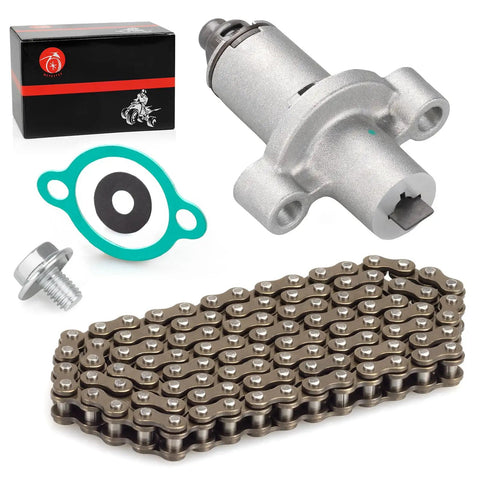 Beefed Up Cam Timing Chain And Tensioner With Gasket Compatible With Timberwolf 250 YFB250 MOTO4 250 YFM250 BearTrack Big Bear Bruin 250 YFM250 And TW200 YFM200 Quad ATVs, including chain, tensioner, gasket, and bolt.