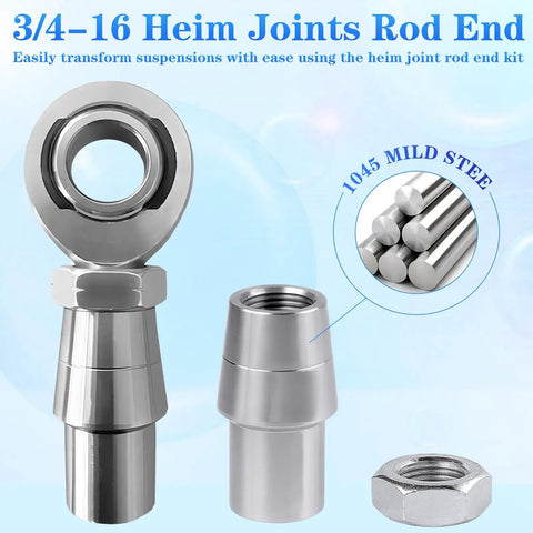 3/4-16 Heim Joint Rod End Set With Right Hand And Left Hand Threads Includes Lock Nut And Bushing, silver steel rod ends