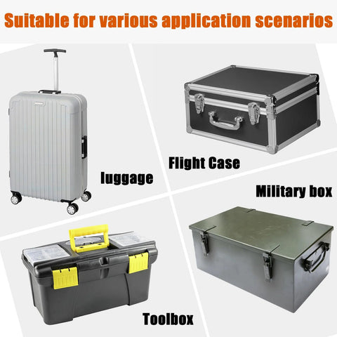 Various cases including luggage, flight case, military box, and toolbox showcasing Premium Stainless Steel Toolbox Handles 4.99 Inches Heavy Duty Spring Loaded Case Handles With Baked Enamel Finish Corrosion Resistant Mounting Holes 0.19 Inch For Wooden Crates And Battery Boxes Pack Of 2 Ideal For Workshop Tool Boxes And Crates.