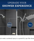 Before and after of shower with All Metal 8 Inch Dual Square Rain Shower Head With Handheld Spray installed