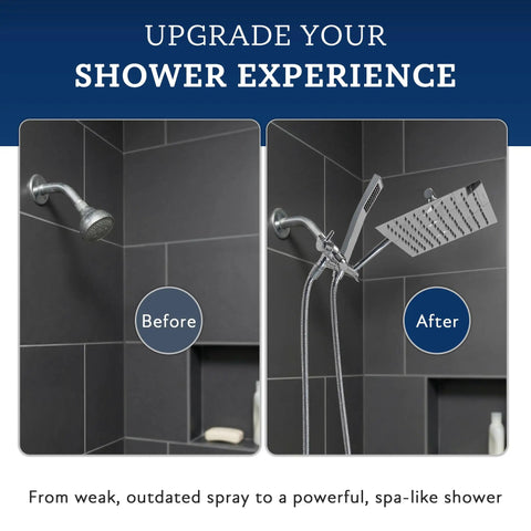 Before and after of shower with All Metal 8 Inch Dual Square Rain Shower Head With Handheld Spray installed