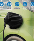 Heavy Duty EV Charging Port Cover Keeps Your Electric Ride Safe With All Season Weatherproof Shields Strong Mag Grip, shown on green car.